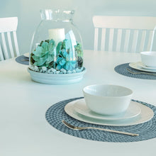 Load image into Gallery viewer, CounterArt Blue and Natural Basket Weave Design Round Reversible Easy Care Plastic Placemat Set of 4 Made in The USA

