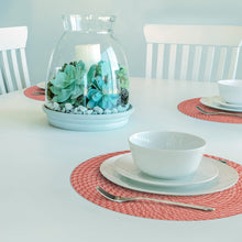 Load image into Gallery viewer, CounterArt Coral and Natural Basket Weave Design Round Reversible Easy Care Plastic Placemat Set of 4 Made in The USA
