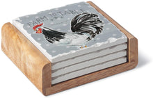 Load image into Gallery viewer, Highland Home Absorbent Tumbled Tile Stone Coaster Set with Wooden Holder - Rooster Call 4 Coasters - Made in The USA
