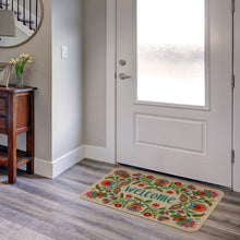 Load image into Gallery viewer, Counterart Natural Linen Look Decorative Low Profile Indoor/Outdoor Floor Mat with Recycled Rubber Back, Boho Welcome by Mary Tanana, Printed in The USA, 29.5” x 17.75”.
