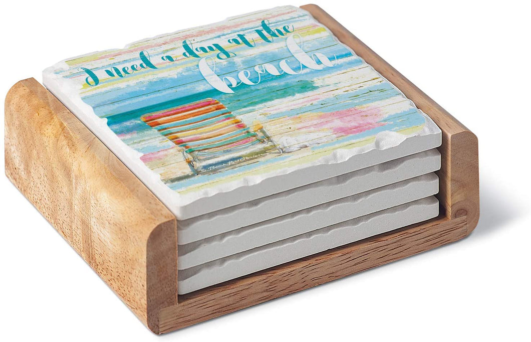 CounterArt Beach Daze 4 Pack Absorbent Stone Coaster Set in Wooden Holder Made in the USA
