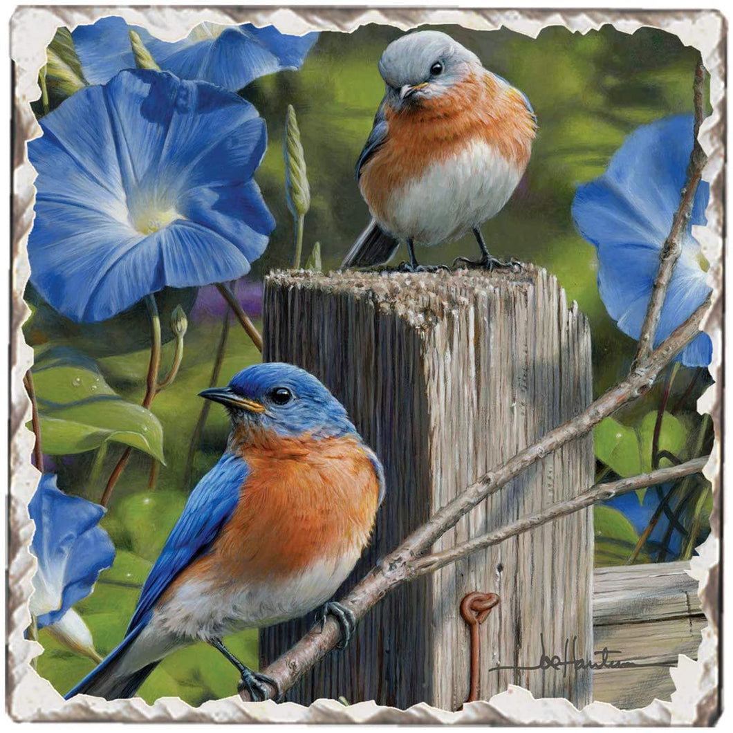 First Dawn Absorbent Stone Tumbled Tile Coasters, Bluebirds #3, Set of 4