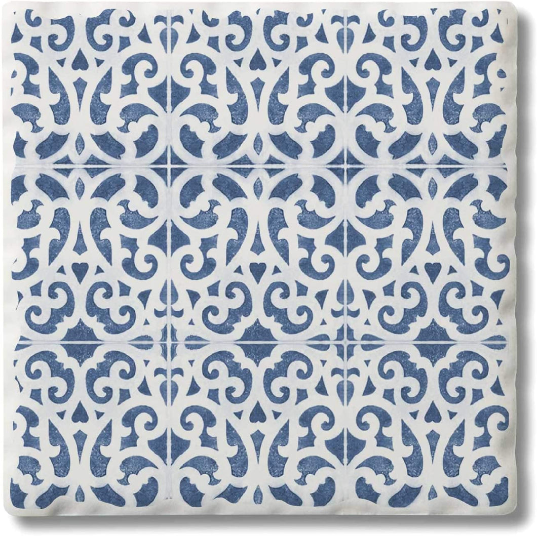 First Dawn Absorbent Stone Tumbled Tile Coasters, Blue & White Pattern 6, Set of 4