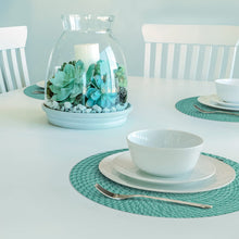 Load image into Gallery viewer, CounterArt Teal and Natural Basket Weave Design Round Reversible Easy Care Plastic Placemat Set of 4 Made in The USA
