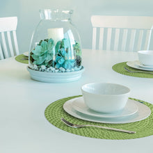 Load image into Gallery viewer, CounterArt Avocado Green and Natural Basket Weave Design Round Reversible Easy Care Plastic Placemat Set of 4 Made in The USA
