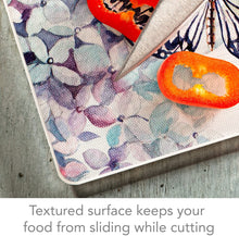 Load image into Gallery viewer, CounterArt Butterfly Hydrangea Tempered Glass Counter Saver/ Cutting Board 15 inch by 12 inch Made in the USA
