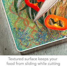 Load image into Gallery viewer, CounterArt Fancy Pants Rooster Tempered Glass Counter Saver/ Cutting Board 15 inch by 12 inch Made in the USA
