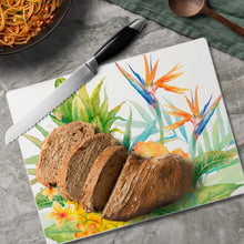 Load image into Gallery viewer, CounterArt Tropical Flowers and Pineapple Tempered Glass Counter Saver/Cutting Board 10” x 8”
