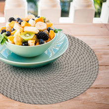 Load image into Gallery viewer, CounterArt Taupe and Natural Basket Weave Design Round Reversible Easy Care Plastic Placemat Set of 4 Made in The USA
