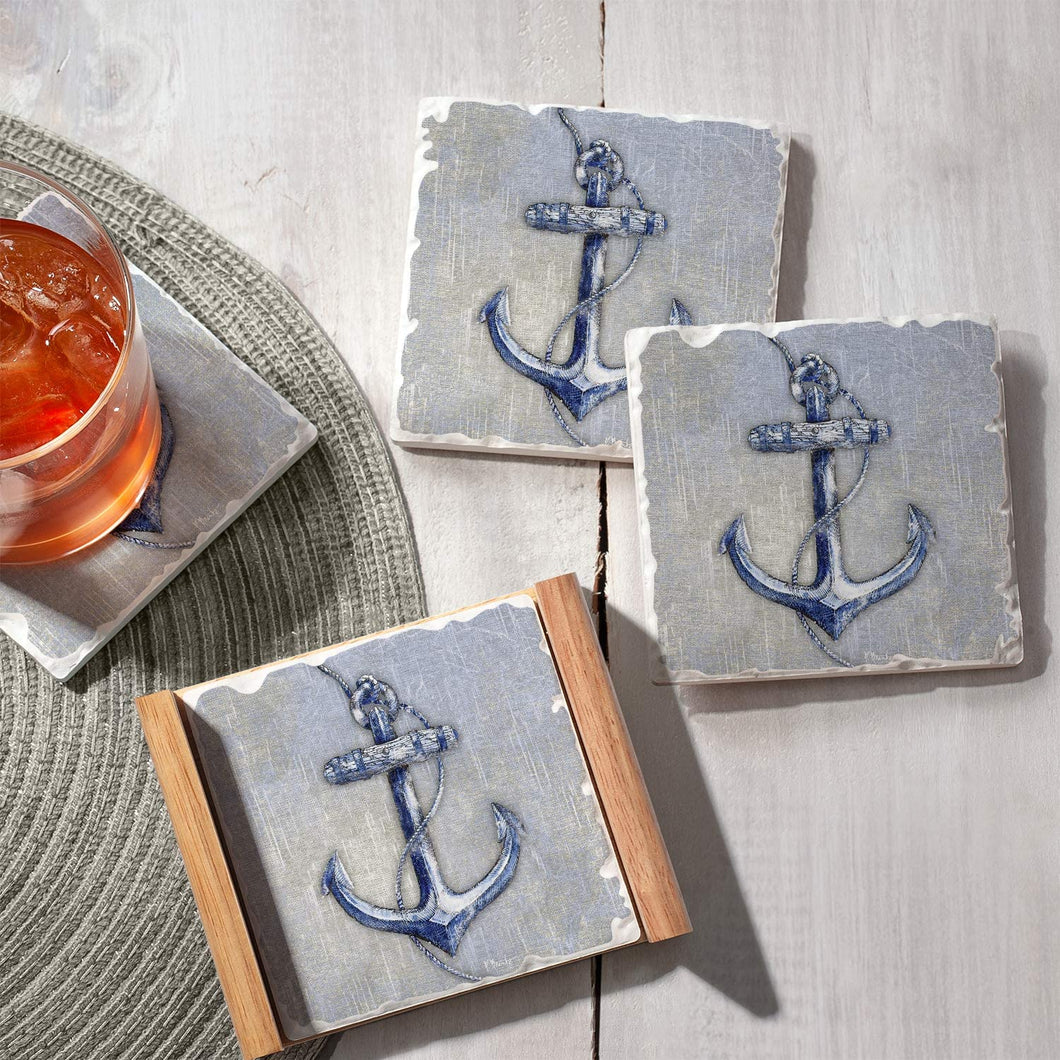 CounterArt Absorbent Stoneware Coaster Set - Vintage Anchor 4 Coasters with a Wooden Holder