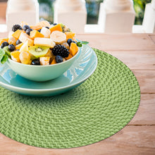 Load image into Gallery viewer, CounterArt Avocado Green and Natural Basket Weave Design Round Reversible Easy Care Plastic Placemat Set of 4 Made in The USA
