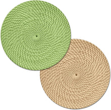 Load image into Gallery viewer, CounterArt Avocado Green and Natural Basket Weave Design Round Reversible Easy Care Plastic Placemat Set of 4 Made in The USA
