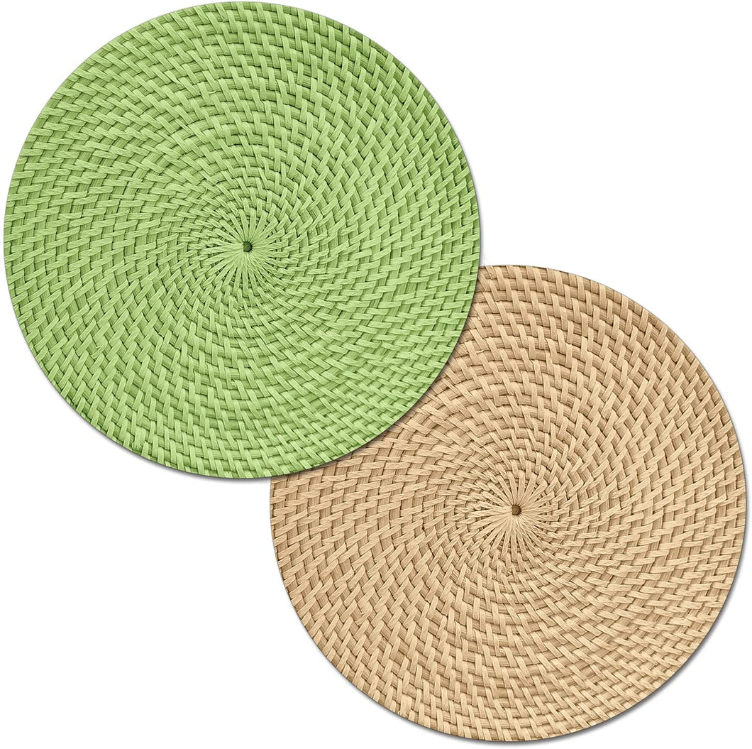 CounterArt Avocado Green and Natural Basket Weave Design Round Reversible Easy Care Plastic Placemat Set of 4 Made in The USA