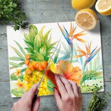 Load image into Gallery viewer, CounterArt Tropical Flowers and Pineapple Tempered Glass Counter Saver/Cutting Board 10” x 8”
