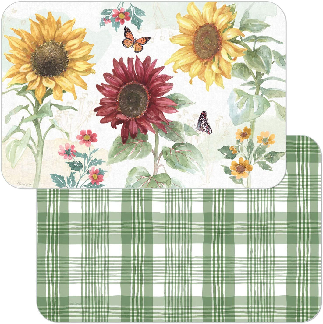 CounterArt Sunflower Splendor by Beth Grove Reversible Easy Care Set of Four Placemats, Made in The USA