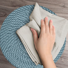 Load image into Gallery viewer, CounterArt Blue and Natural Basket Weave Design Round Reversible Easy Care Plastic Placemat Set of 4 Made in The USA
