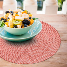 Load image into Gallery viewer, CounterArt Coral and Natural Basket Weave Design Round Reversible Easy Care Plastic Placemat Set of 4 Made in The USA
