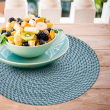 Load image into Gallery viewer, CounterArt Blue and Natural Basket Weave Design Round Reversible Easy Care Plastic Placemat Set of 4 Made in The USA
