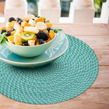 Load image into Gallery viewer, CounterArt Teal and Natural Basket Weave Design Round Reversible Easy Care Plastic Placemat Set of 4 Made in The USA
