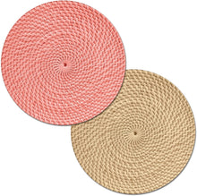 Load image into Gallery viewer, CounterArt Coral and Natural Basket Weave Design Round Reversible Easy Care Plastic Placemat Set of 4 Made in The USA
