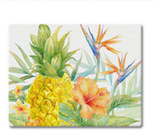 Load image into Gallery viewer, CounterArt Tropical Flowers and Pineapple Tempered Glass Counter Saver/Cutting Board 10” x 8”
