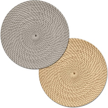 Load image into Gallery viewer, CounterArt Taupe and Natural Basket Weave Design Round Reversible Easy Care Plastic Placemat Set of 4 Made in The USA

