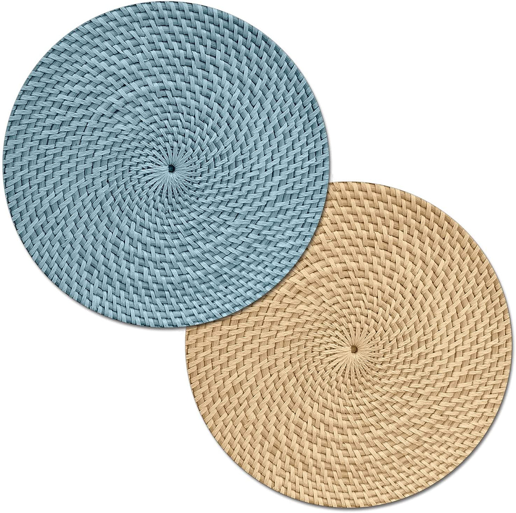CounterArt Blue and Natural Basket Weave Design Round Reversible Easy Care Plastic Placemat Set of 4 Made in The USA
