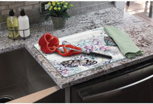 Load image into Gallery viewer, CounterArt Butterfly Hydrangea Tempered Glass Counter Saver/ Cutting Board 15 inch by 12 inch Made in the USA
