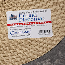 Load image into Gallery viewer, CounterArt Grey and Natural Basket Weave Design Round Reversible Easy Care Plastic Placemat Set of 4 Made in The USA
