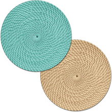 Load image into Gallery viewer, CounterArt Teal and Natural Basket Weave Design Round Reversible Easy Care Plastic Placemat Set of 4 Made in The USA
