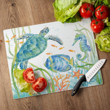 Load image into Gallery viewer, CounterArt Sea Life Serenade Tempered Glass Counter Saver Cutting Board Made in the USA 15 inch by 12 inch
