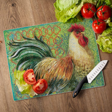 Load image into Gallery viewer, CounterArt Fancy Pants Rooster Tempered Glass Counter Saver/ Cutting Board 15 inch by 12 inch Made in the USA
