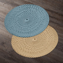 Load image into Gallery viewer, CounterArt Blue and Natural Basket Weave Design Round Reversible Easy Care Plastic Placemat Set of 4 Made in The USA
