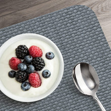 Load image into Gallery viewer, CounterArt Grey and Natural Basket Weave Design Reversible Easy Care Plastic Placemat Set of 4 Made in The USA

