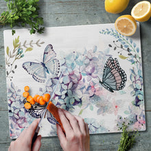 Load image into Gallery viewer, CounterArt Butterfly Hydrangea Tempered Glass Counter Saver/ Cutting Board 15 inch by 12 inch Made in the USA
