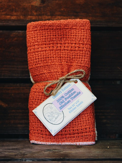 Country Cottons Kitchen Towels, Vintage Style 100% Cotton, (Paprika / Natural) Set of 2